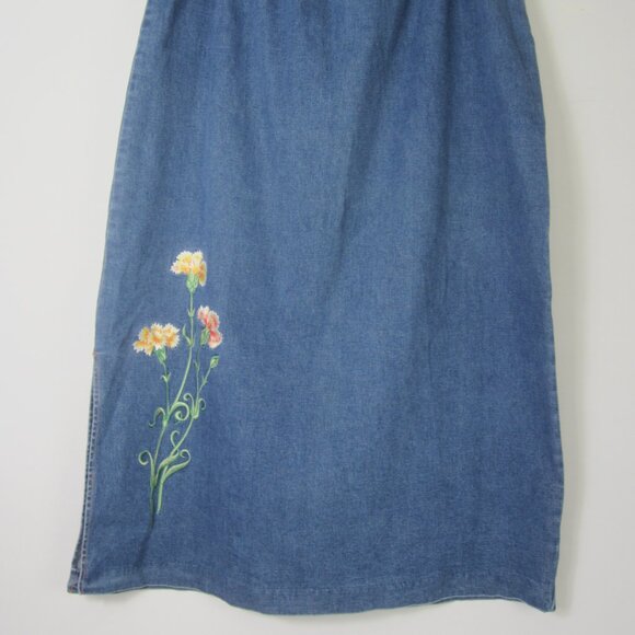Bob Mackie Womens Plus 1X Blue Jean Denim Long Skirt Embroidered Flowers Midi - Picture 9 of 10